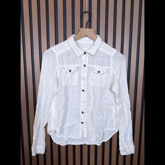 Free People Top Small Womens White Gauze Knit Long Sleeve Button Pocket - Picture 1 of 9